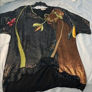 Vintage 1980’s Scarlett D. Black 100% Silk Multi Color Sequin Tunic Top Size M